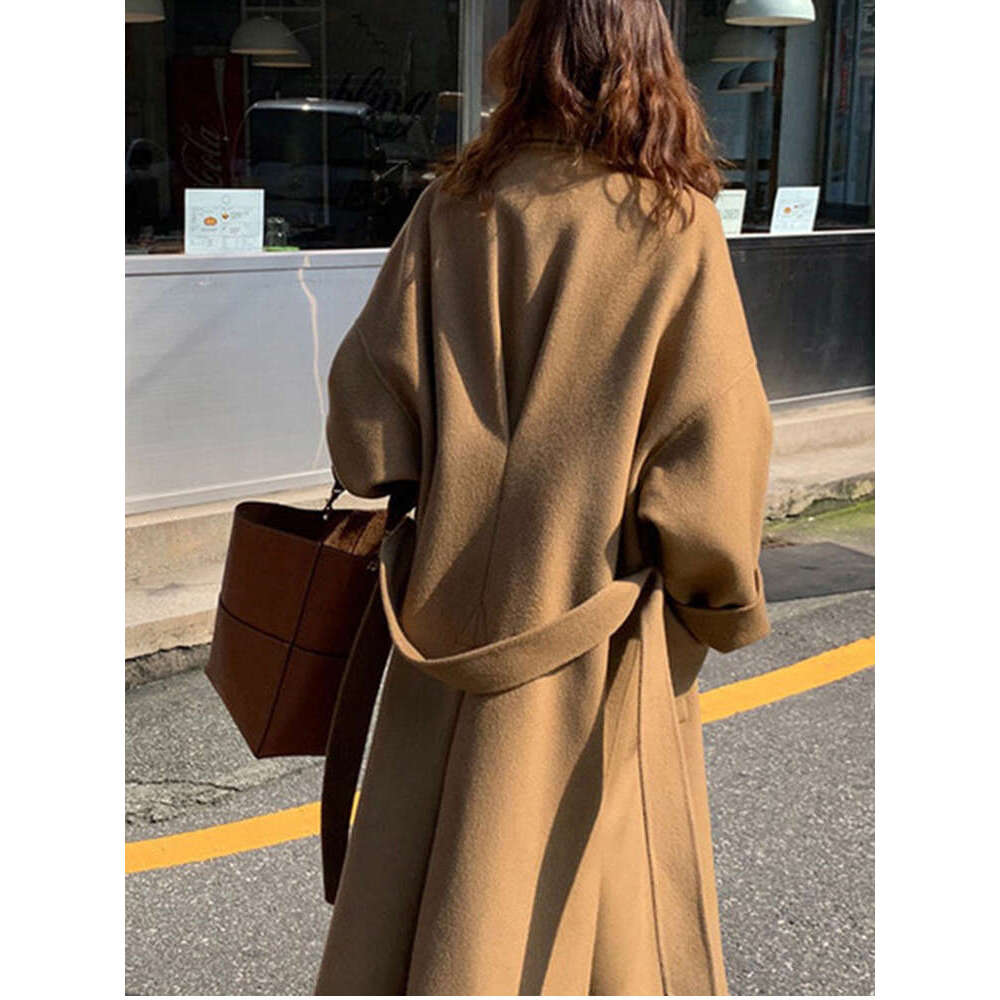 Rose Gray Double-Sided Cashmere New Winter Lace-Up Loose Lapel Natural Wool Coat Long Wool Jacket Women