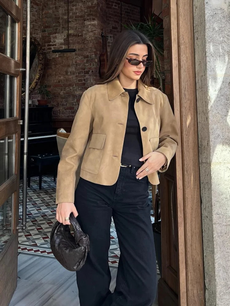 Fashion suede long sleeved Cropped jacket for womens casual lapel single chest pocket jacket autumn womens streetwear 241022