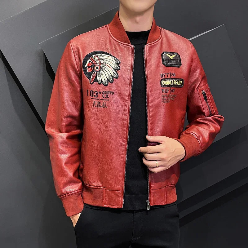 leisure motorcycle windproof zipper holder collar artificial leather jacket mens ultra-thin high-quality fashionable wool lining jacket 241023