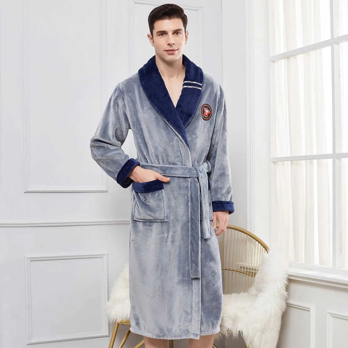 Plus 3XL 4XL Mens Flannel Robe Spwear Thick and Long Bathroom Sleepwear Winter Coral Fce Casual Sleepwear W241023