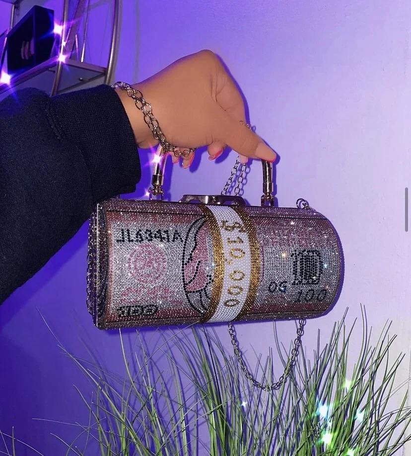 Trend Rhinestone Womens Handbag Shiny Round Dinner Bag Fashion Metal Chain Diamond Party Wedding Wallet 241023