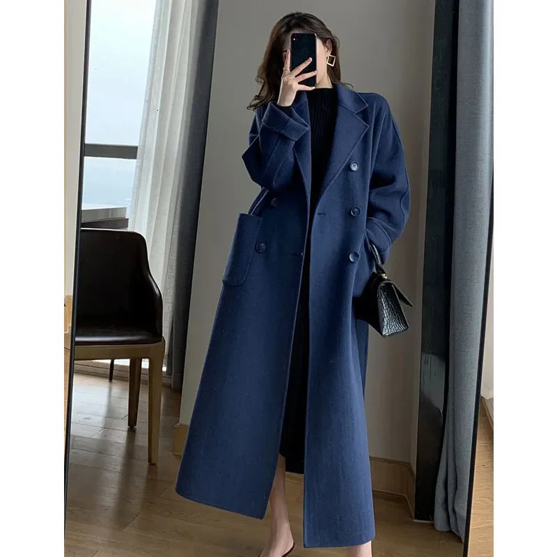 Womens Winter Trench Coat Elegant and Fashionable Korean Casual Wool Coat Navy Blue Lace Long Jacket Black Womens Coat 241023