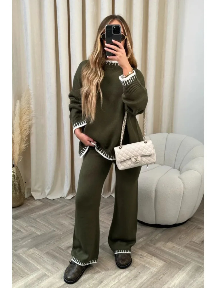 Womens pants set solid color casual loose sports style two-piece clothing autumn and winter simple daily wear 241023