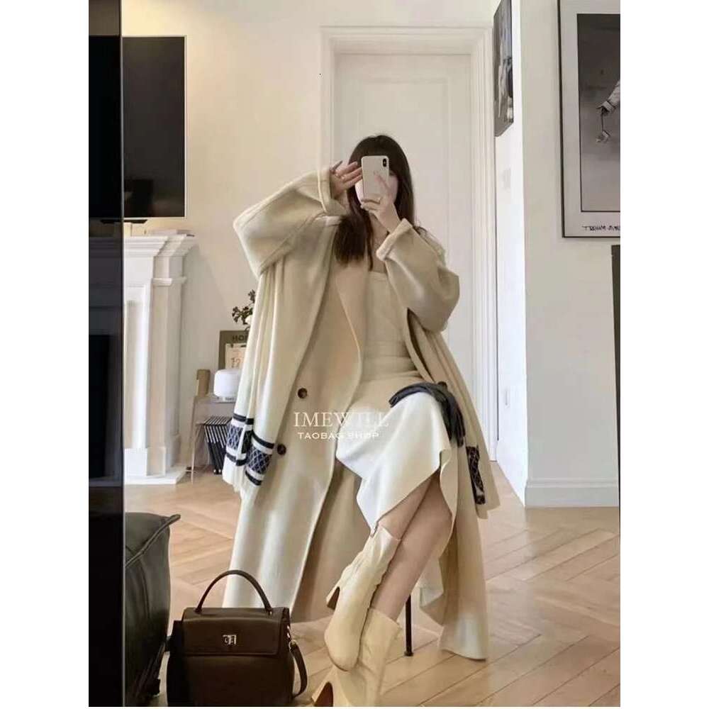 Rose Gray Double-Sided Cashmere New Winter Korean Comfort Rabbit Fashion Long Loose Wool Coat Women
