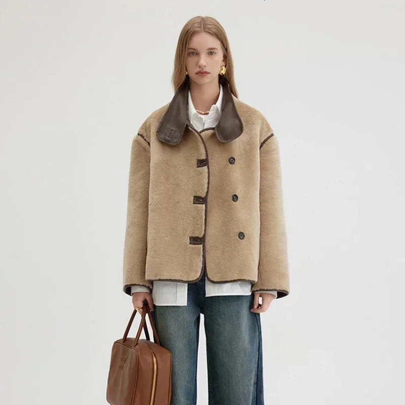 Winter womens artificial cashmere suede stand up collar jacket warm and loose color collision leather splicing warm top 241022