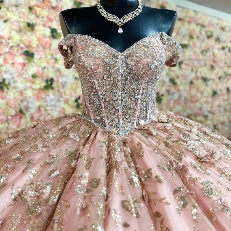 Blush Pink Quinceanera Dresses Gold Wer Applique Sweetheart Off The Shoulder Girls Birthday Party Prom Gowns Princess Dress