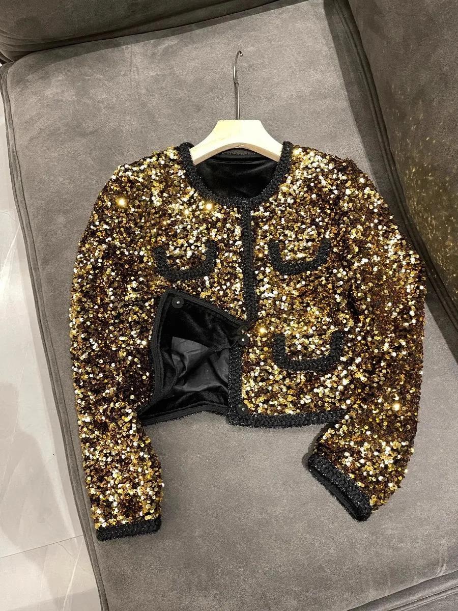 sparkling sequin short jacket for women French gold single chest coarse tweed woven set Casaco jacket 241023