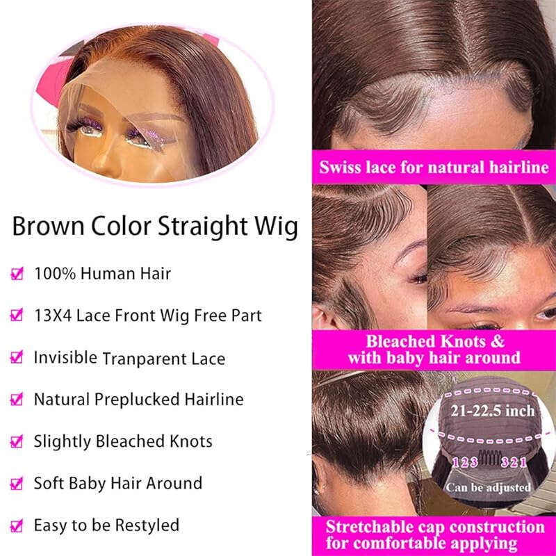 Straight Frontal 13x4 Lace Front Wigs Pre Plucked with Baby 150% Density Brown Colored Wig Human Hair