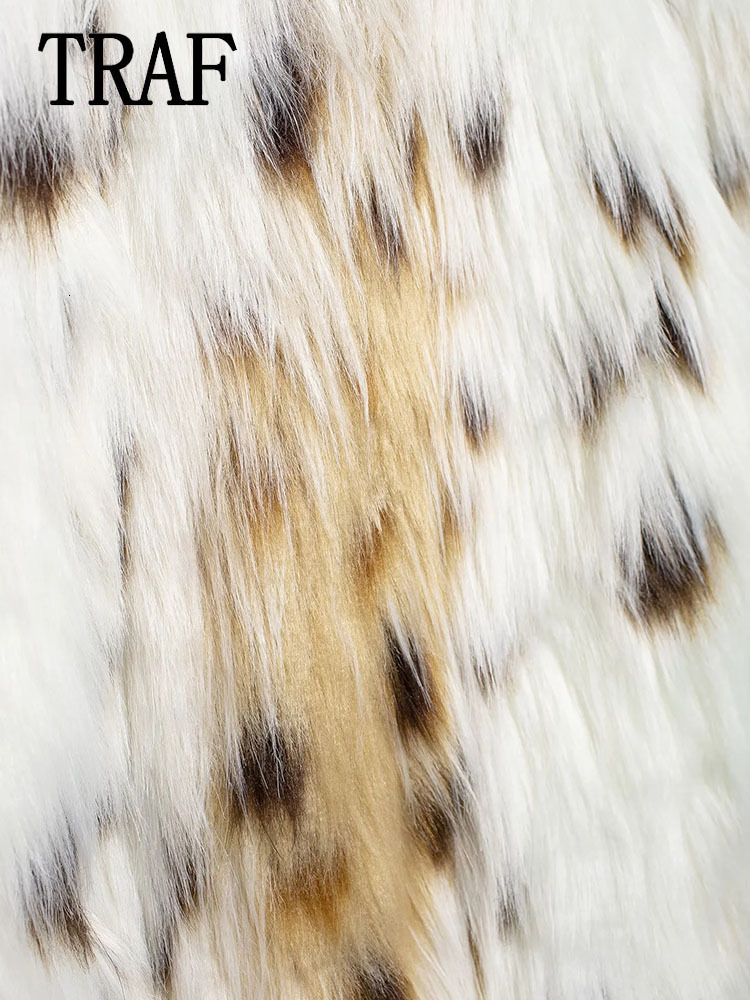 TRAF Women's Fluffy Faux Fur Warm Fashion Animal Print Long Sleeve Overcoats Thick Outerwear Casual Coat Female