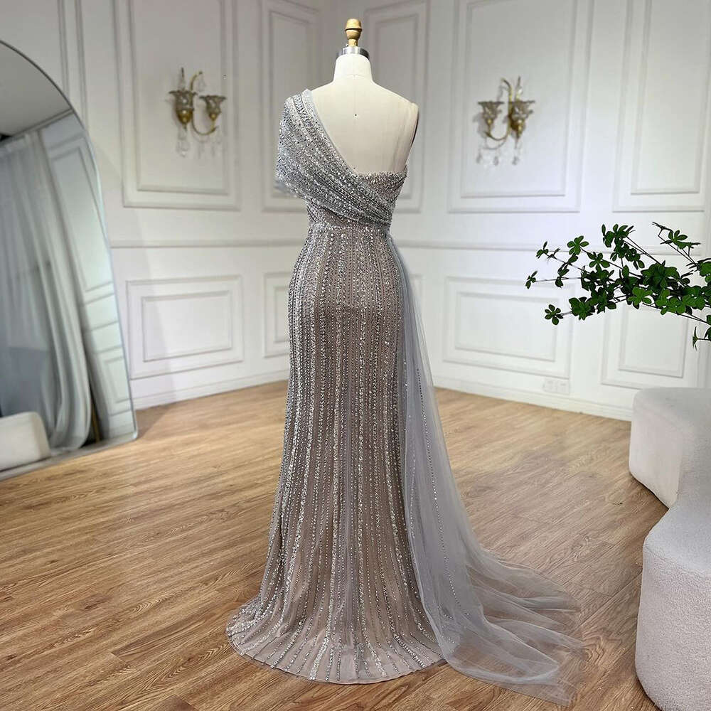 Serene Hill Green Mermaid High Split One Shoulder Beaded Evening Dresses Gowns for Women Party 2024