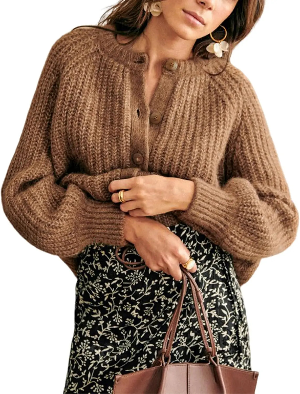 Womens casual long sleeved Crewneck button down cardigan sweater knitted jacket 241022