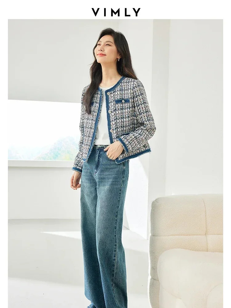 Vimly Plaid womens cut jacket with coarse tweed for spring patch denim elegant and fashionable womens short jacket womens M3288 241023