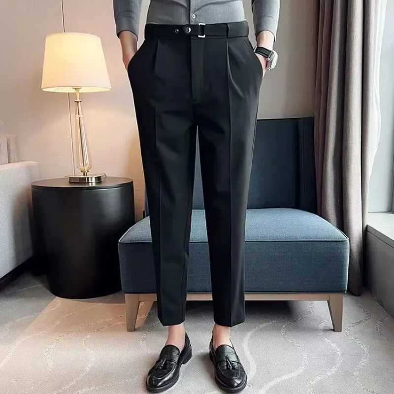 Draped with Belt Man Suits Pants Gray Fluid Trousers for Men Elegant Work Wear Fashion Vintage New in Slacks Tailoring Fabric UpX241023