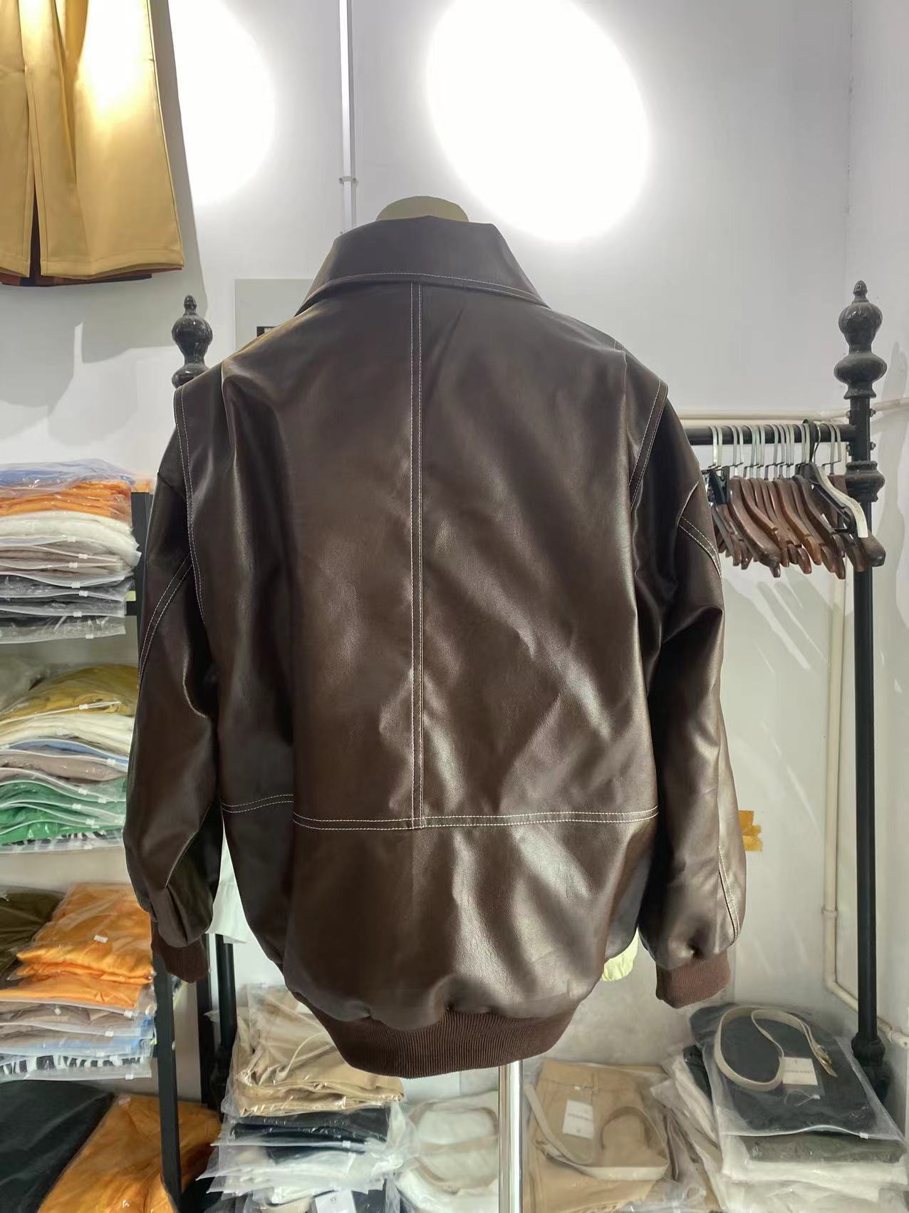Women's Jackets Women Zipper Leather Bomber Coats Oversized Contrast Stitch Lapel Long Sleeve Jacket Motorcycle Autumn Outwear Tops