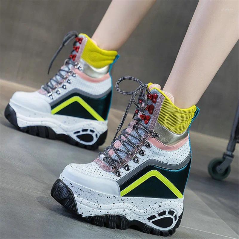 Boots High Top Fashion Sneakers Women Lace Up Genuine Leather Heel Ankle Female Shiny Glitter Round Toe Platform Pumps Shoe