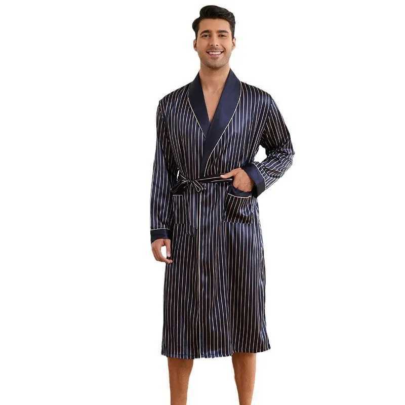 Mens striped long robe kimono bathroom gown 2024 autumn new long sleeved pajamas lounge wearing loose casual silk satin home clothes W241023