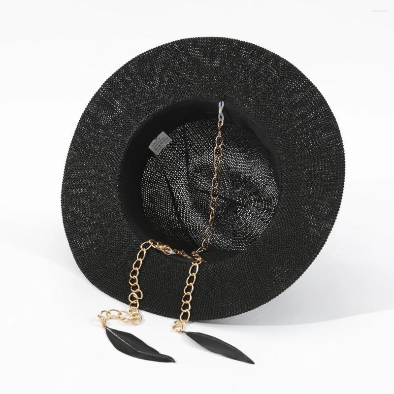 Berets 2025 Feather Chain Sun Straw Hats For Women Fashion Pin Ladies White Black Party Summer Beach Hat Wide Brim