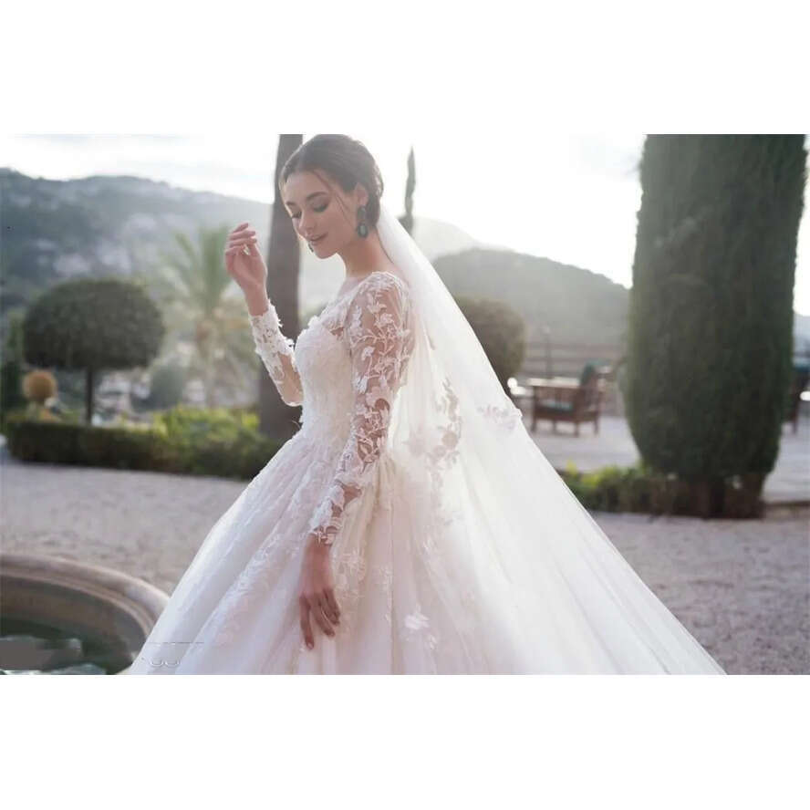 Sleeve Lace Modest Full Wedding Dresses Arabic Muslim A E Sheer Neck Appliqued Ruched Long Formal Bridal Gowns Custom Made ppliqued