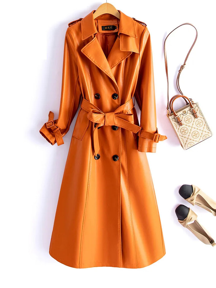 Fashionable womens double breasted lace waistband leather trench coat autumn and winter mid length womens sheepskin coat 241023