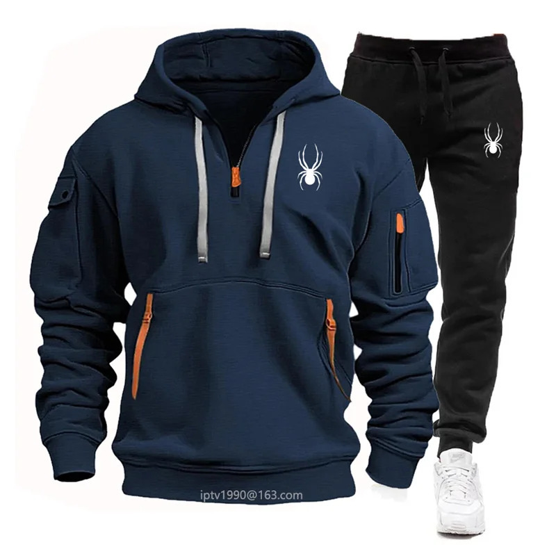 Spring/Summer Mens Multi Pocket Zipper HoodieSports Pants Two Piece Casual Fitness Sportswear Set 241023