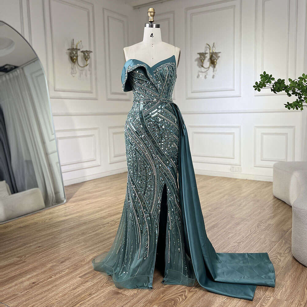 Serene Hill 2024 Arabic Turquoise Beaded Evening Dresses Dubai Elegant One Shoulder Women Party Gown
