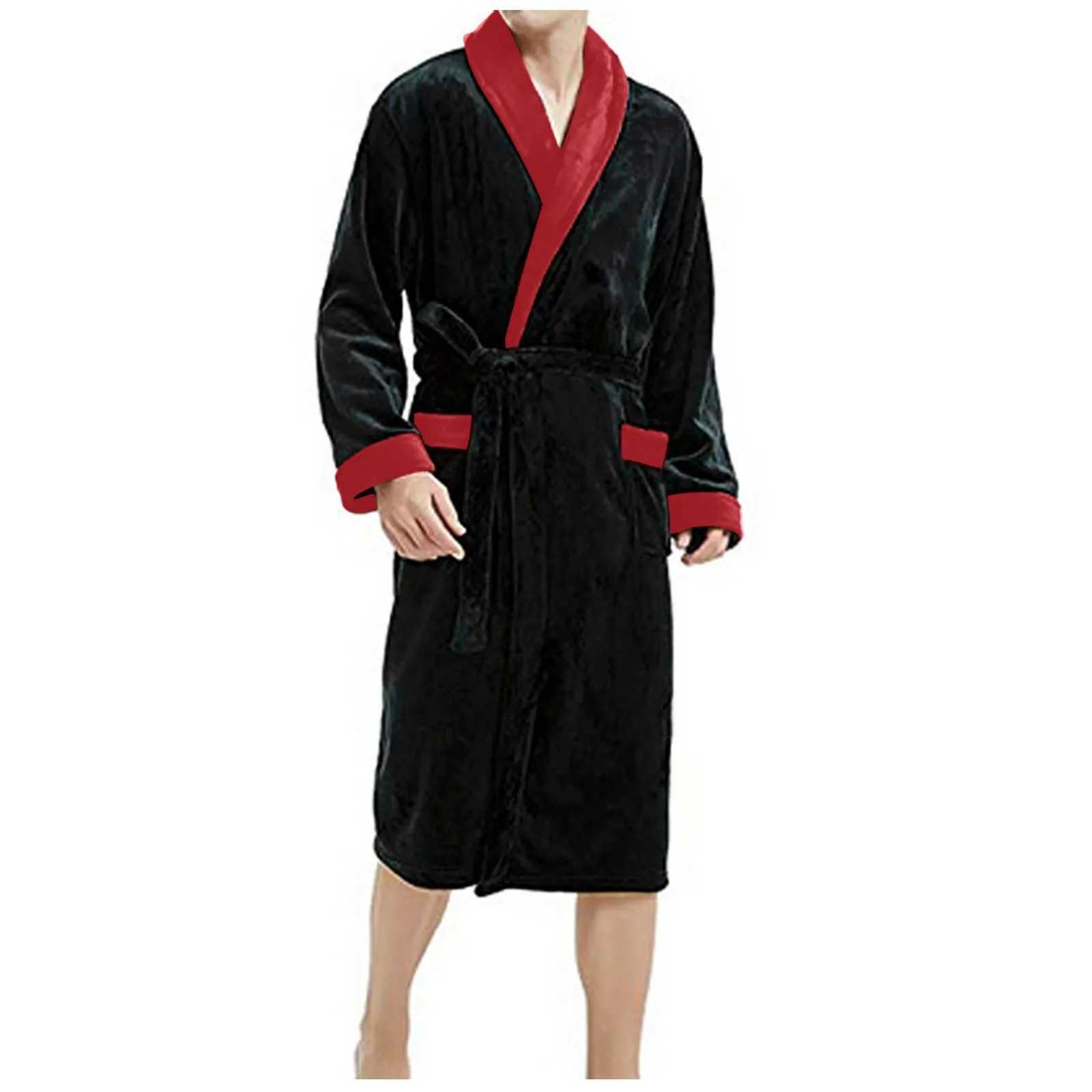 Pockets Slpwear Soft Mens Coral Flce Colorful Block Long Bath Robe Home Dress Slpwear Winter New Mens Robe Plus Size W241023