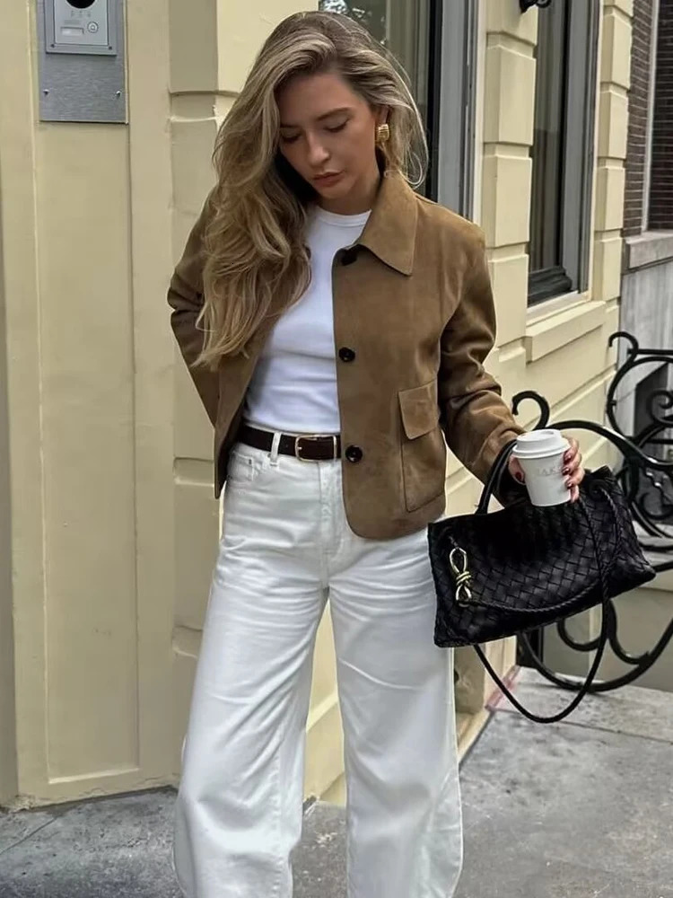 Y2K TRAF Retro Suede Womens Jacket Autumn Chic Swinging Door Collar Double Pocket Jacket Womens Long Sleeve Jacket 241023