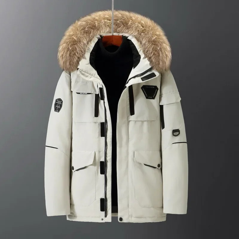 winter mens hooded fur collar duck down jacket high-quality mens casual warm jacket windproof and waterproof winter jacket 4X 241022