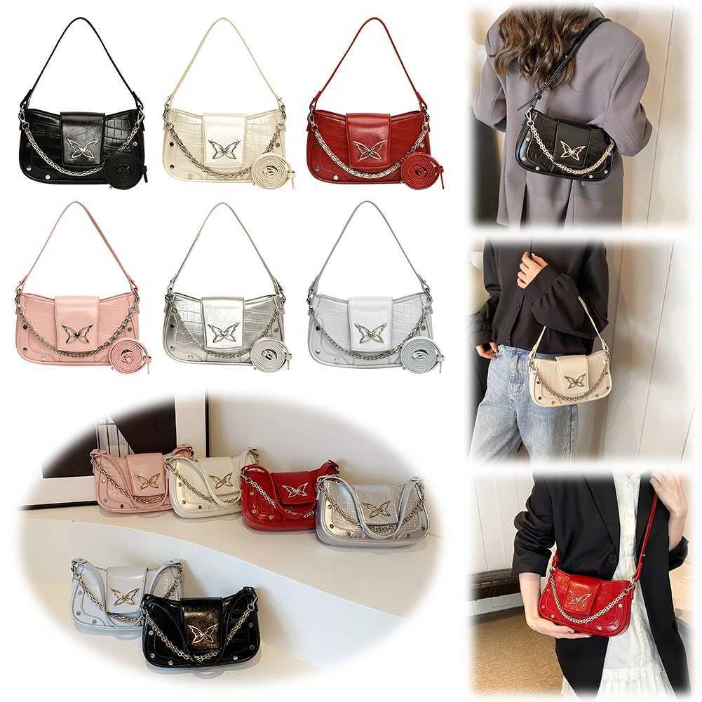 Women Pu Leather Shoulder Bag Butterfly Pattern Y2k Handbag with Chain Hobo Adjustable Strap Satchel Purse for Work 241023