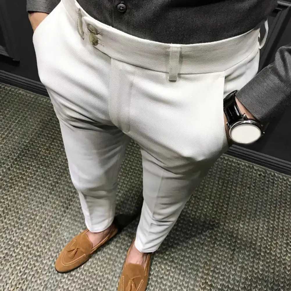 Men Blazer Pants Anti-wrinkle Mid Waist Men Ninth Pants Young Style Men Casual Ninth Suit Pants Pockets Business Long TrousersX241023