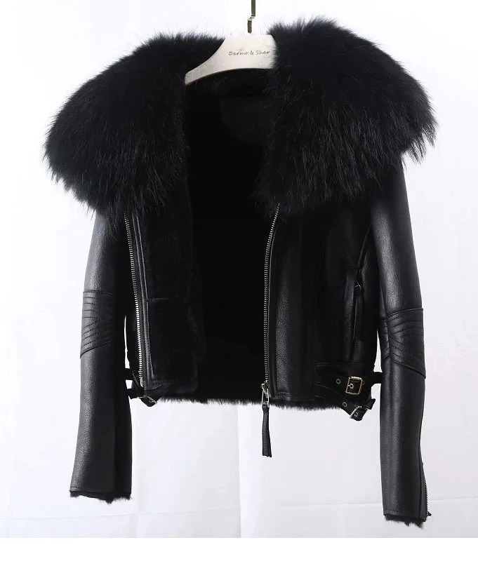FURARISTOCRAT Real Raccoon Fur Collar Coat Genuine Leather Sheepskin Jackets Women Coats Short n 241021