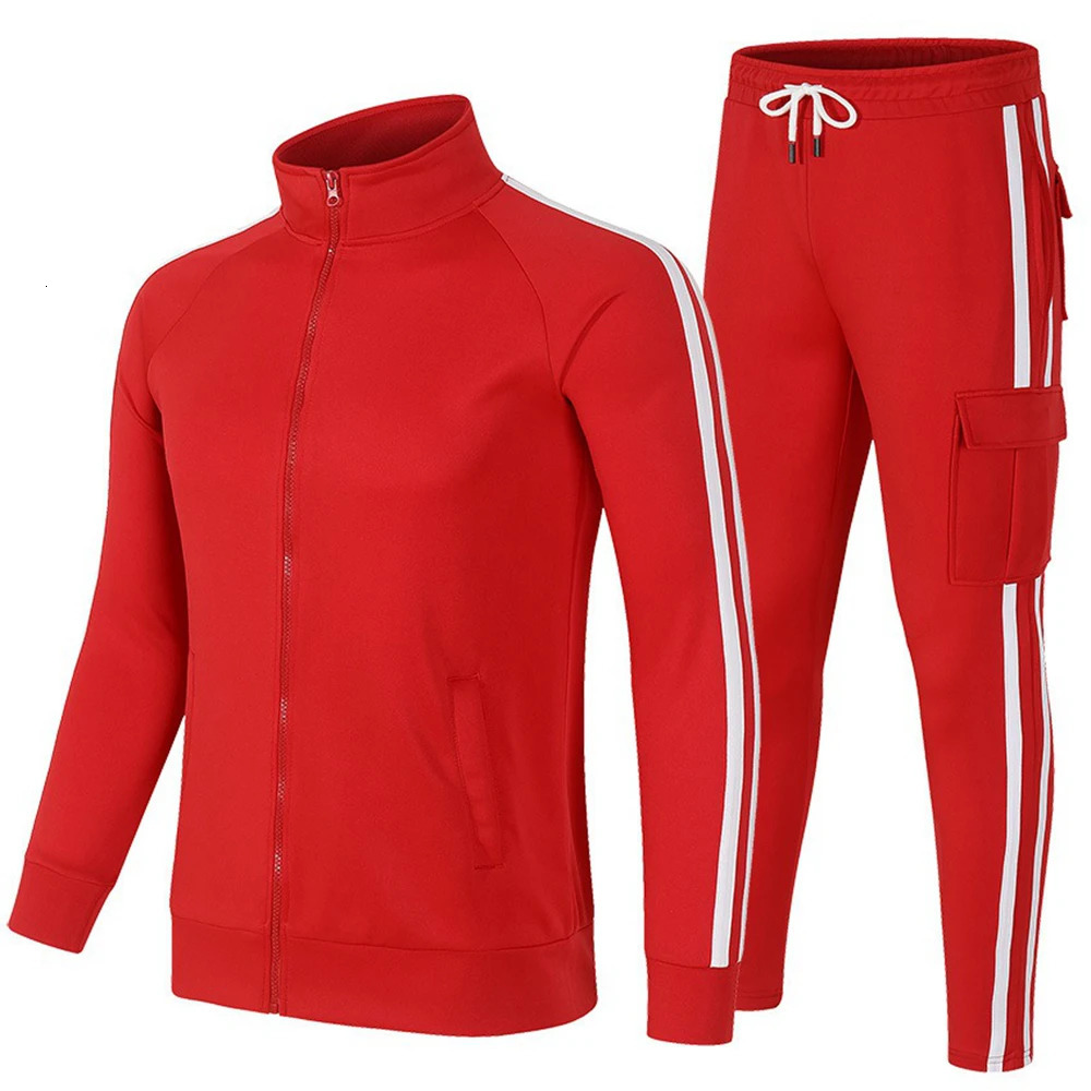 Mens training track and field suit gym suit sports suit red breathable top with cargo pants fitness jogging suit running suit 241022