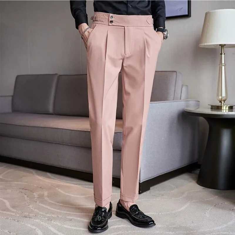 Neapolitan High Waist Casual Dress Pant For Men 2024 New Belt Design Slim Fit Casual Office Social Party Suit Pants 38-28X241023