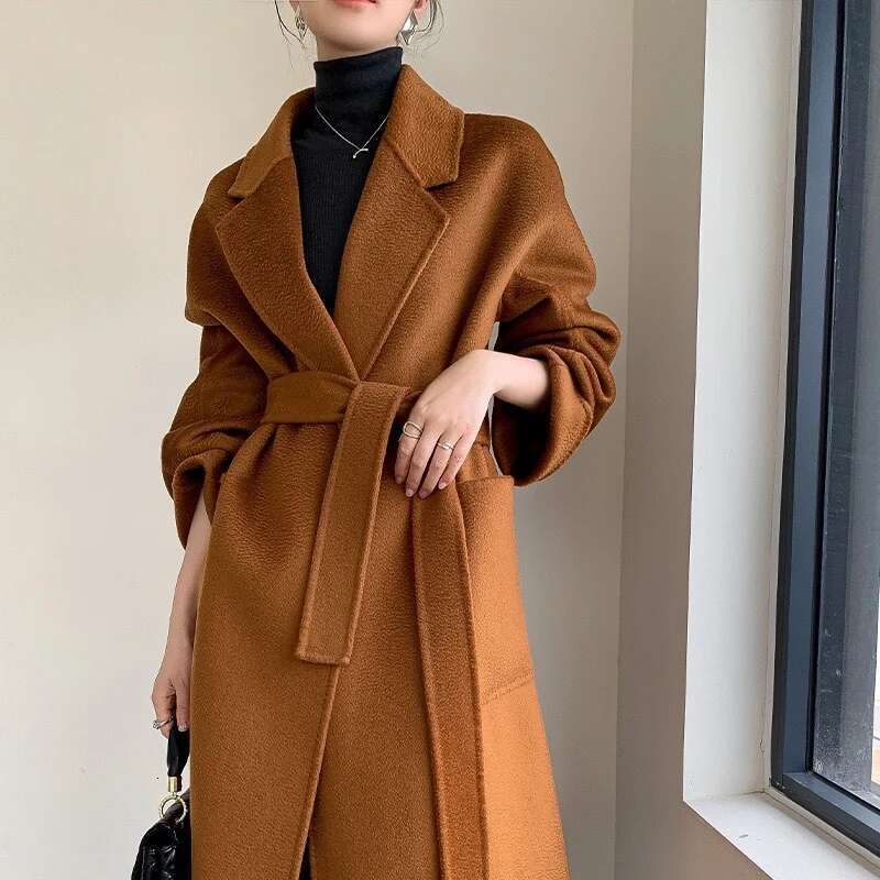 Rose Bathrobe Water Ripple Cashmere Wool Mid-Length Coat Women Elegant Fashion Loose Laepl Pocket Woolen Coats Autumn Winter