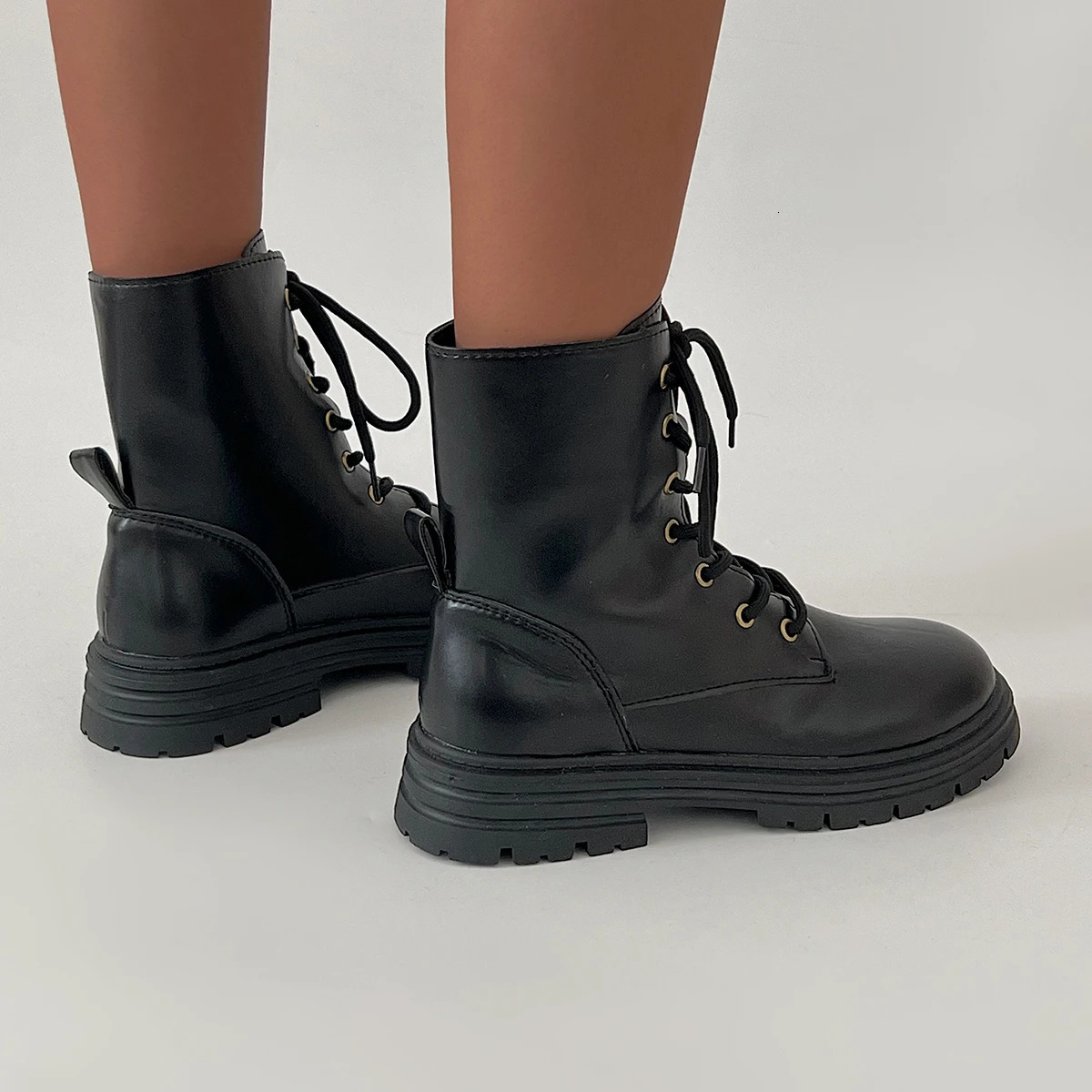 Rimocy Black Pu Leather Ankle Boots for Women Low Heels Lace Up Fashion Booties Woman Non Slip Platform Combat Botas Mujer 2024 241028