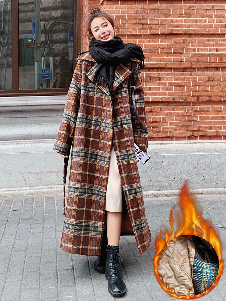 Retro plain long wool coat womens winter loose wool blend thick jacket Korean warm cotton lining Casacos 241023
