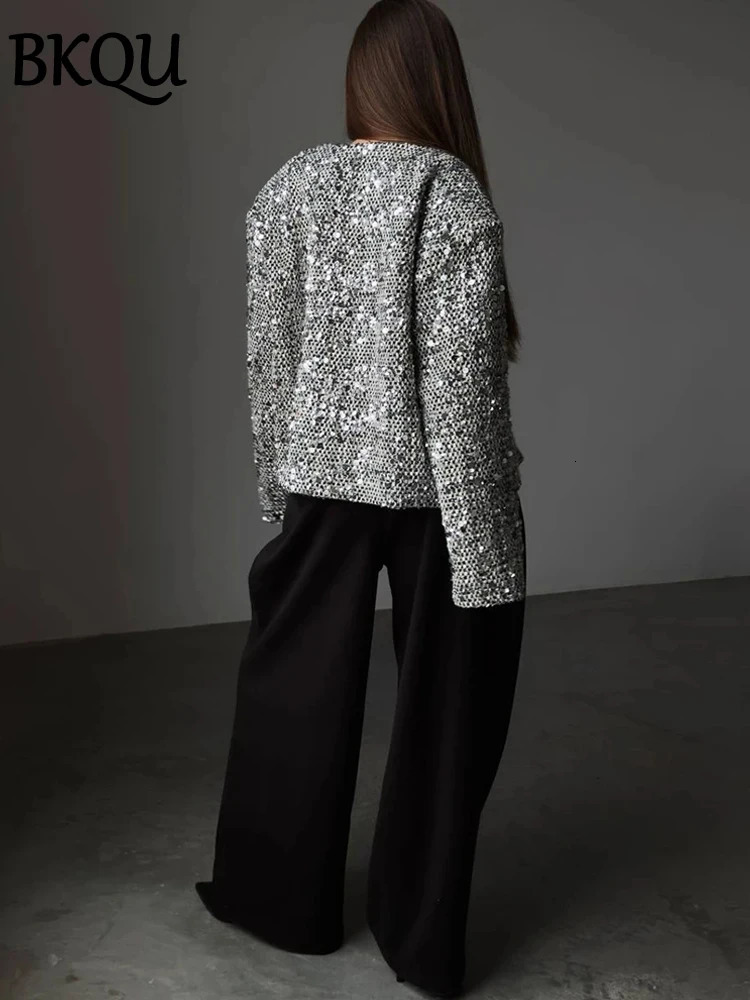 BKQU Tweed Sequined Jackets Women Casual Loose Round Neck Long Sleeved Cropped Silver Cardigan Autumn Female Warm Elegant Coats 241021