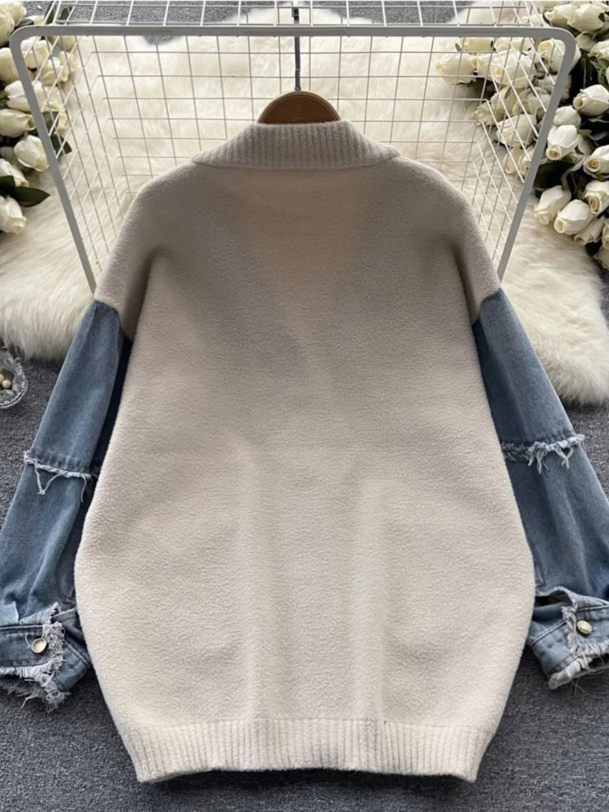 Korean Vintage Beige Patchwork Denim Single Breasted Knit Cardigan Sweater Autumn Winter Women V Neck Long Sleeve Tops Trend 241021