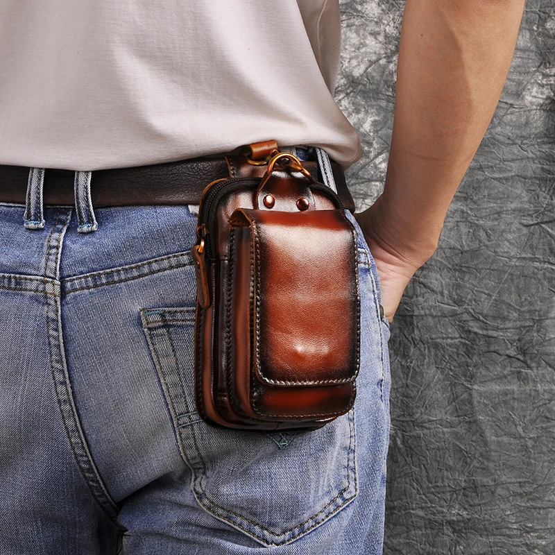 Leather mens casual small waist bag cowhide fashionable hook vagabond bag waist bag cigar box 5.5-inch phone bag 1609 241023