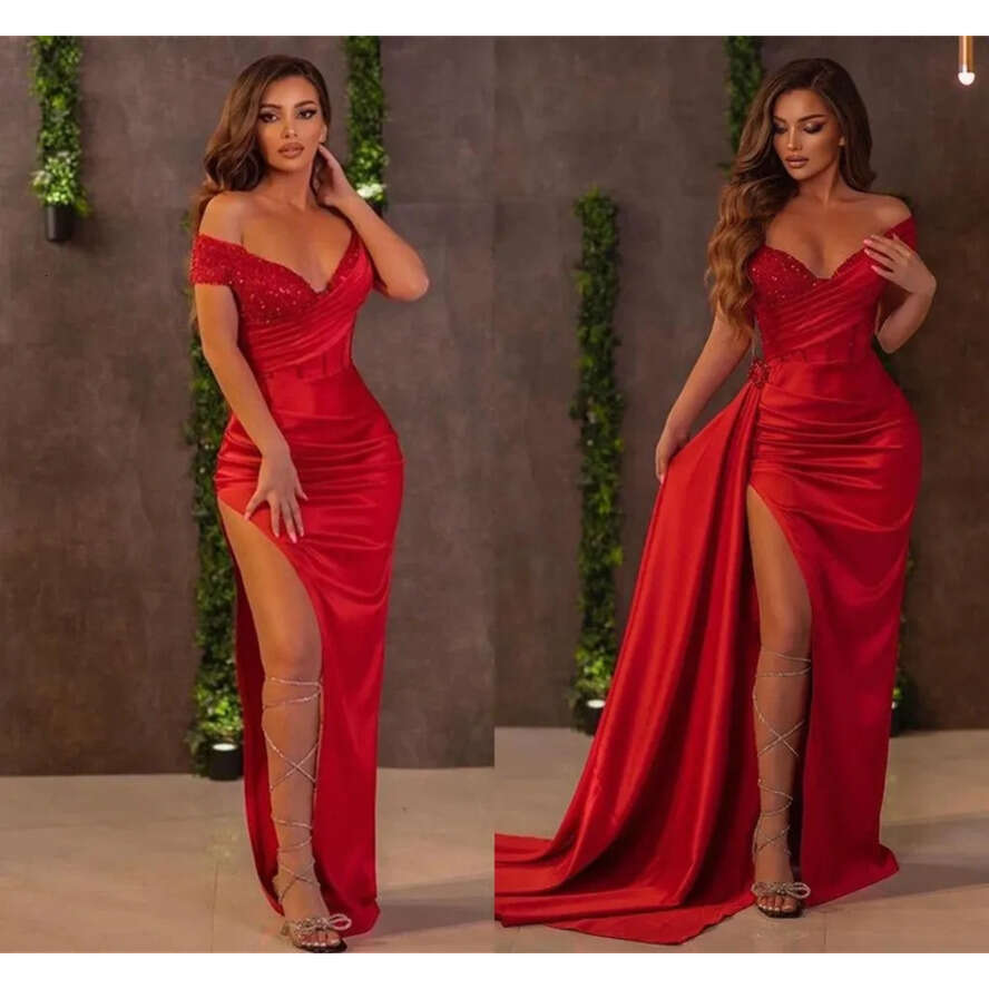 Mermaid Prom Red Sexy Dress With Detachable Ruffles Train Off Shoulder V Neck Sequins Pleats High Thigh Split Evening Gowns Women Vestidos estidos