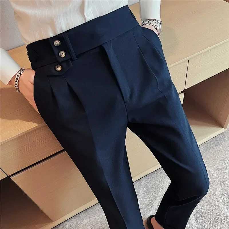 British Style Men High Waist Dress Pants 2024 Autumn Solid Color Casual Trousers Slim Fit Formal Suit Pants Fashion Men ClothingX241023