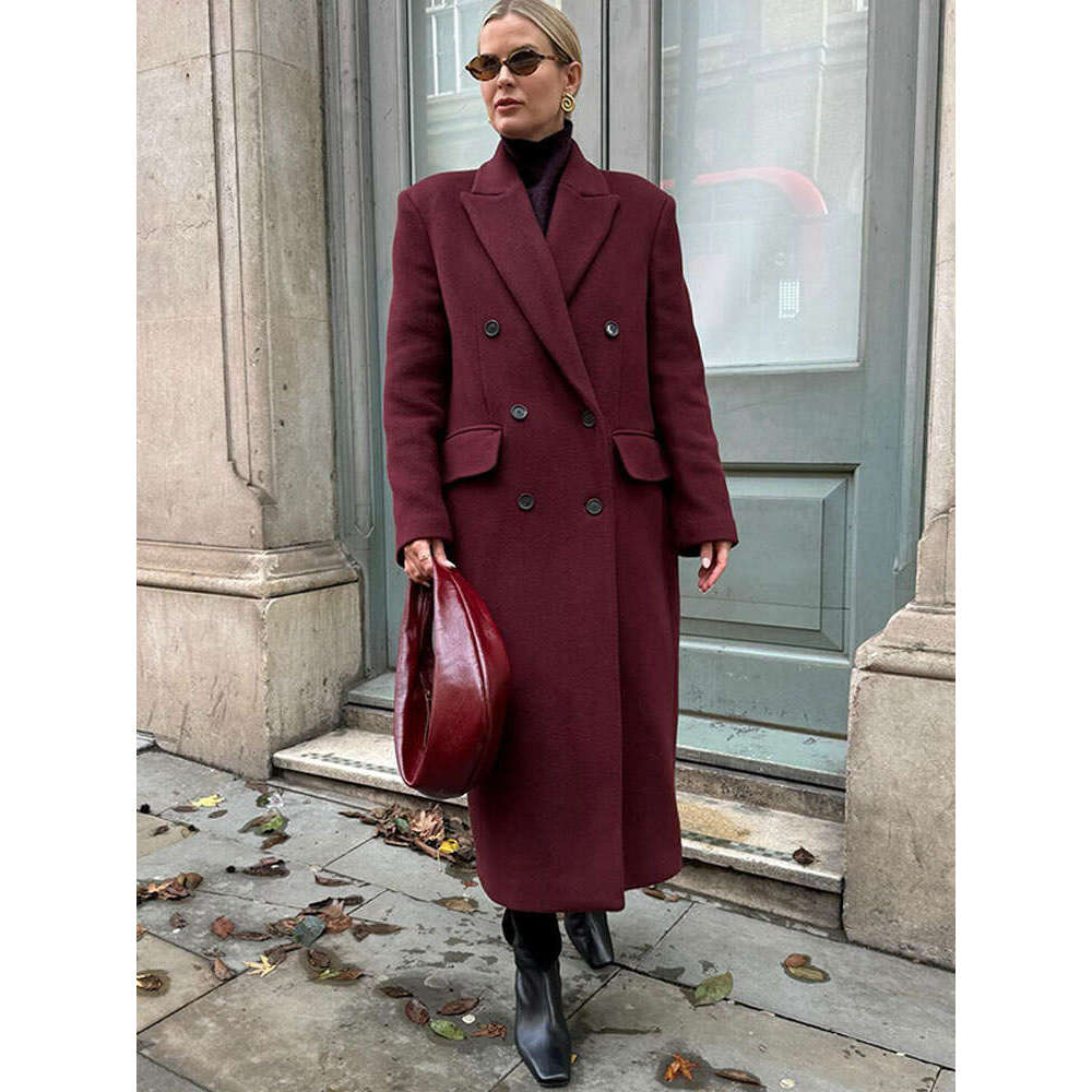 Angora Red Tweed Woolen Coat Lapel Three Button Cashmere Long Wool Suit Overcoat Double Breasted Wide Shoulder Women Outwear
