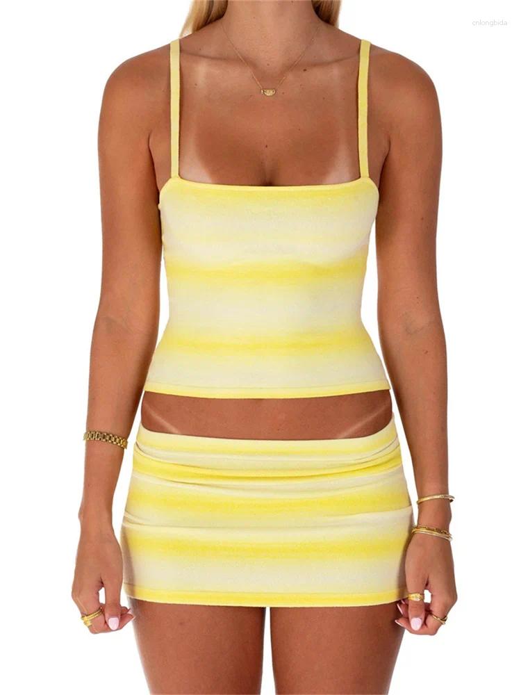 Womens Tracksuits CHRONSTYLE Women 2 Pieces Summer Set Gradient Striped Print Square Neck Crop Camis Top Low Waist Mini Skirts Party
