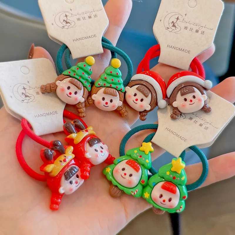 2PCS New Red Cartoon Christmas Girls Lovely Kids Elastic Hair Bands Princess Hair Accessories Children Hair Ties Baby HeadwearX241022
