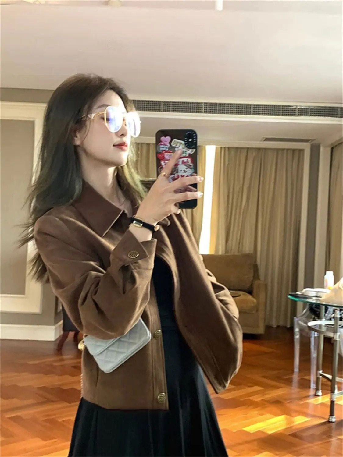 Korean fashion autumn womens top jacket retro curry suede lapel long sleeved single chest short jacket 241023