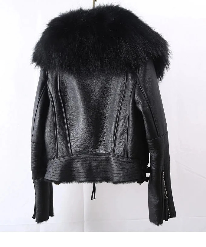 FURARISTOCRAT Real Raccoon Fur Collar Coat Genuine Leather Sheepskin Jackets Women Coats Short n 241021