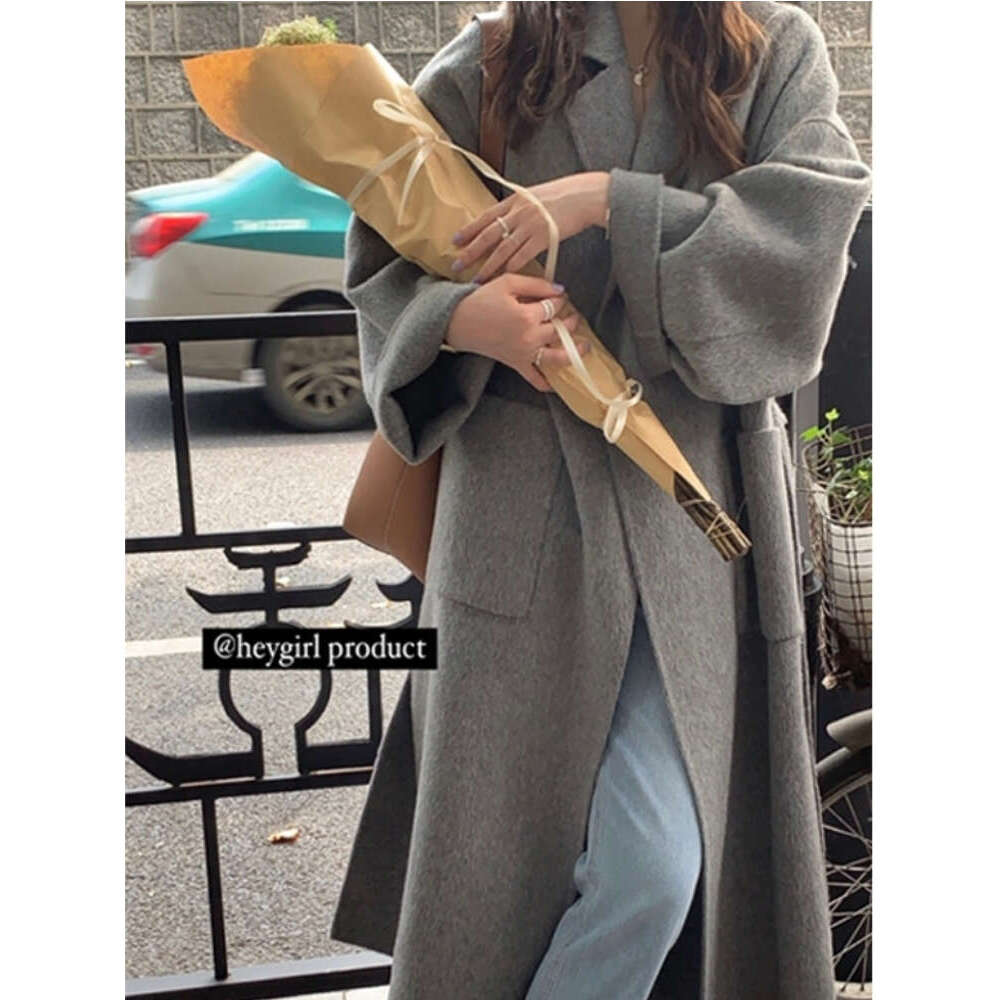 Rose Gray Double-Sided Cashmere New Winter Lace-Up Loose Lapel Natural Wool Coat Long Wool Jacket Women