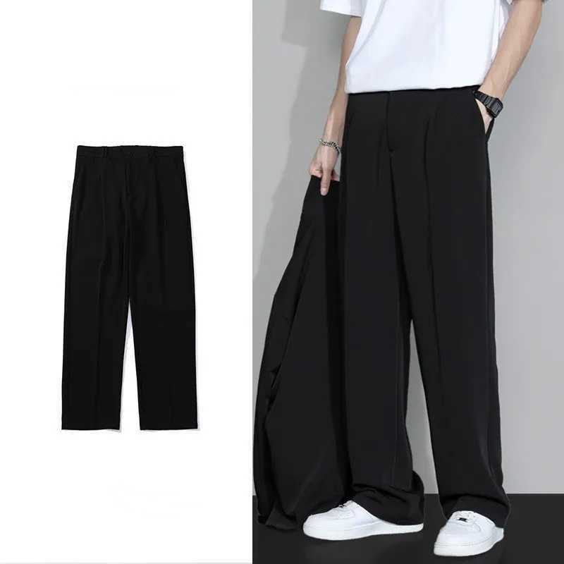 Korean-style Mens Dress Pants for Summer Thin Loose Straight Wide-leg Shorts Casual Business Ice Silk Drapey Long PantsX241023