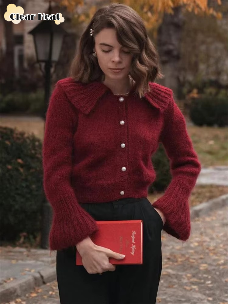 Women Turndown Collar Flare Sleeve Solid Cardigan Chic Single-Breasted Female Casual Knitwear Autumn Commute Lady Cardigans