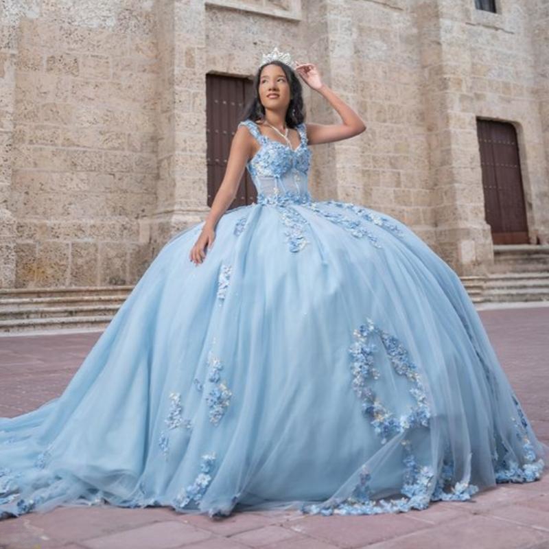 Sky Blue Sweetheart Quinceanera Dresses Off Shoulder Beading Applique Lace Tull Vestidos De 15 Anos Ball Gown Sweet 16 Dress
